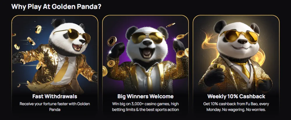 Golden Panda casino advantages including fast withdrawals and 10% weekly cashback.